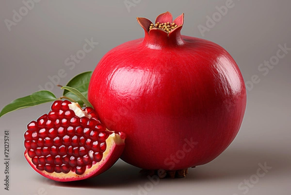 Fototapeta Realistic pomegranate photos. Fresh pomegranates with realistic lighting. Red pomegranates on a red and black background. Whole pomegranate and split pomegranate seeds. 3D pomegranate rendering.