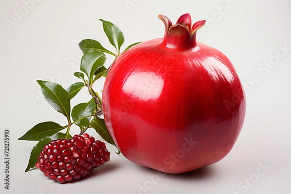 Fototapeta Realistic pomegranate photos. Fresh pomegranates with realistic lighting. Red pomegranates on a red and black background. Whole pomegranate and split pomegranate seeds. 3D pomegranate rendering.