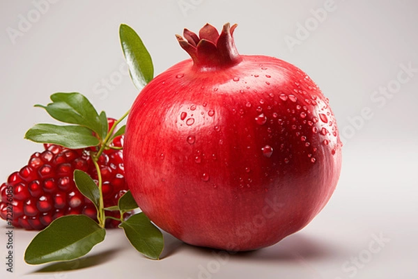 Fototapeta realistic pomegranate paintings. Fresh pomegranates with raindrops on the leaves. Red pomegranate set on a red background. Whole pomegranate and split pomegranate seeds.