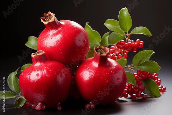 Fototapeta Realistic pomegranate photos. Fresh pomegranates with realistic lighting. Red pomegranates on a red and black background. Whole pomegranate and split pomegranate seeds. 3D pomegranate rendering.