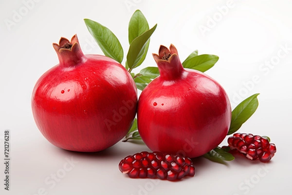 Fototapeta Realistic pomegranate photos. Fresh pomegranates with realistic lighting. Red pomegranates on a red and black background. Whole pomegranate and split pomegranate seeds. 3D pomegranate rendering.