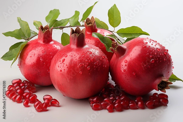 Fototapeta Realistic pomegranate photos. Fresh pomegranates with realistic lighting. Red pomegranates on a red and black background. Whole pomegranate and split pomegranate seeds. 3D pomegranate rendering.