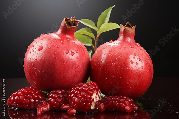 Fototapeta realistic pomegranate paintings. Fresh pomegranates with raindrops on the leaves. Red pomegranate set on a red background. Whole pomegranate and split pomegranate seeds.