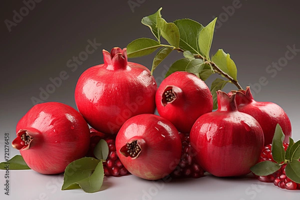 Fototapeta Realistic pomegranate photos. Fresh pomegranates with realistic lighting. Red pomegranates on a red and black background. Whole pomegranate and split pomegranate seeds. 3D pomegranate rendering.