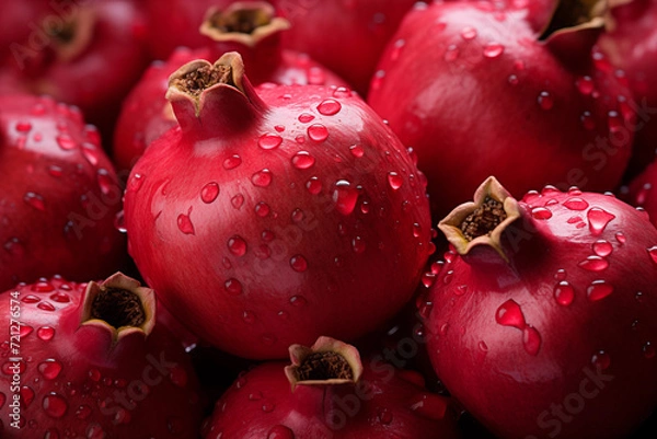 Fototapeta Realistic pomegranate photos. Fresh pomegranates with realistic lighting. Red pomegranates on a red and black background. Whole pomegranate and split pomegranate seeds. 3D pomegranate rendering.