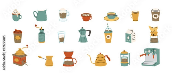 Fototapeta Big set for coffee brewing equipment and supplies Hand drawn. Vector illustration of pots, machines, cups, kettles, paper cups and mug, grinders, milk box and pot. 