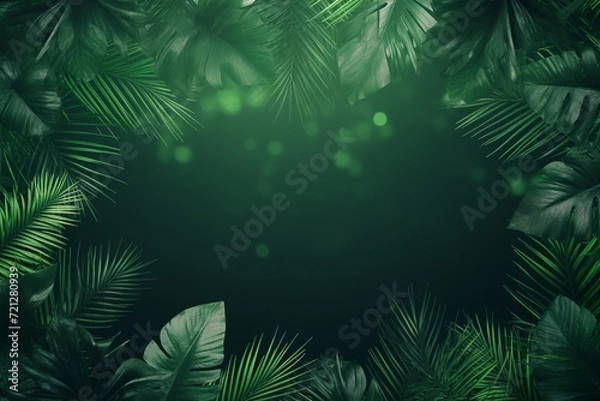 Fototapeta Jungle palm leaves in shades of vibrant green create a captivating frame for the background. Created with generative AI tools