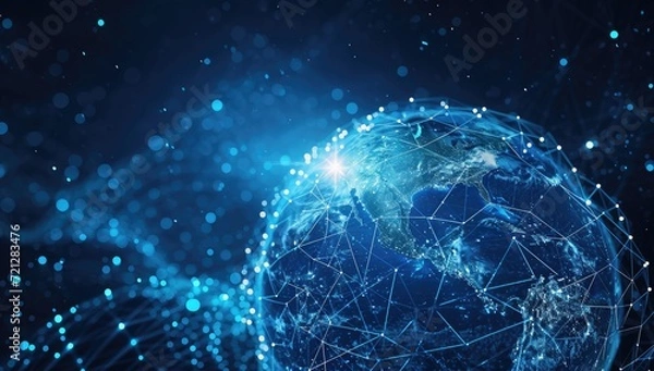 Fototapeta The global exchange of data depicted with Earth at the center of a vast network.