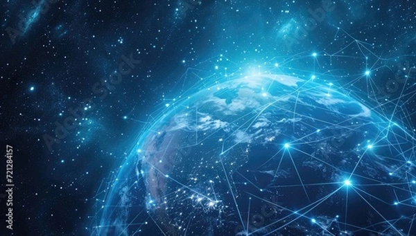 Fototapeta The global exchange of data depicted with Earth at the center of a vast network.