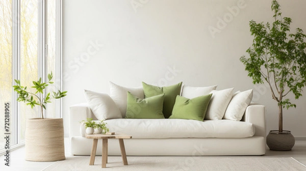 Fototapeta White sofa with green cushions standing against the wall. Scandinavian design interior. Copy space.