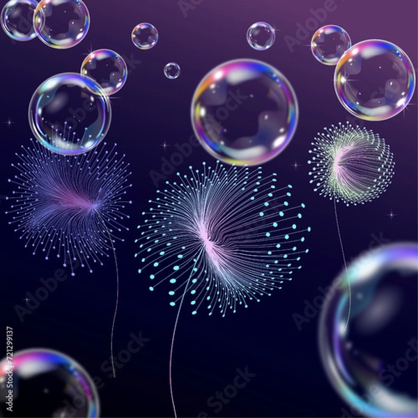 Fototapeta fabulous flowers with soap bubbles on dark background