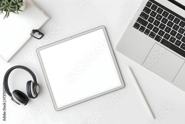 Obraz Modern Workspace with Tablet, Laptop, and Headphones on White Desk