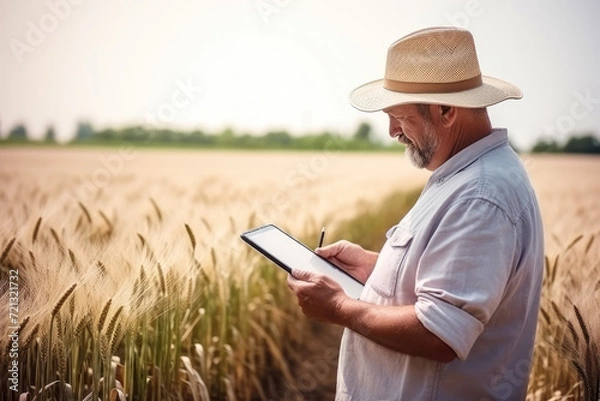 Fototapeta Senior farmer standing in wheat field and using digital tablet. Mature man wearing hat and shirt.