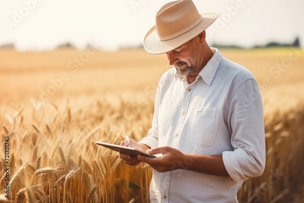Fototapeta Senior farmer standing in wheat field and using digital tablet. Mature man wearing hat and shirt.