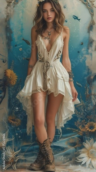 Fototapeta Young woman representing the zodiac sign Pisces. Full height in dress and shoes