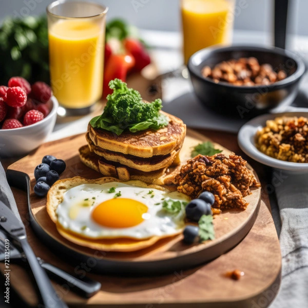 Fototapeta Top view of a nutritious breakfast with eggs on a board