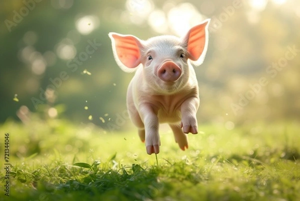 Fototapeta  a cute piglet joyfully jumps on a sunlit meadow. Generative ai