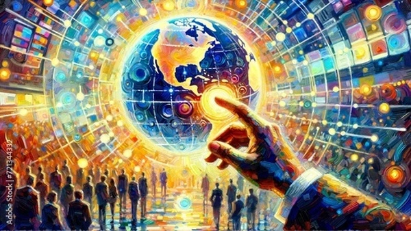 Fototapeta A businessman is holding a holographic globe, representing the global network.