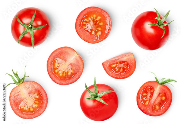 Fototapeta cherry tomatoes whole and halves on a white isolated background, top view