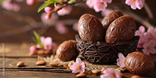 Fototapeta Chocolate eggs in a nest accompanied by pink cherry blossoms on a rustic wooden table evoke a traditional Easter. can be used for holiday marketing and seasonal greetings.
