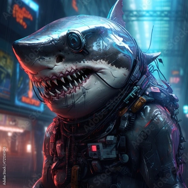 Fototapeta Cyberpunk shark realistic illustration
