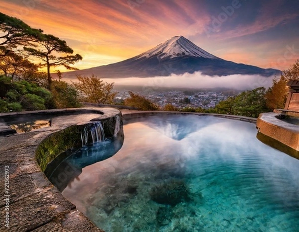 Fototapeta 日本の温泉 富士山 朝 夕焼け 旅行