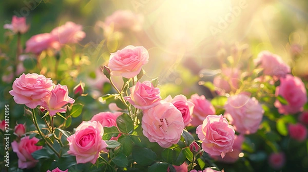 Obraz 
Beautiful pink roses blooming in the garden with sunny day,natural floral and bokeh background.Happy Rose Day Concept.