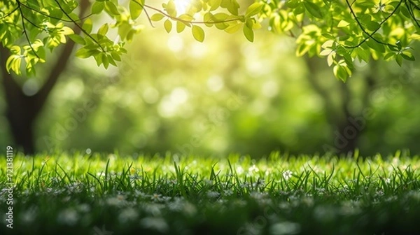 Fototapeta Spring Awakening: Fresh Green Leaves and Blossoms with Radiant Bokeh Light Background