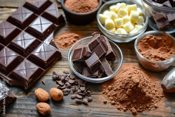 Fototapeta Chocolate with ingredients on wood background