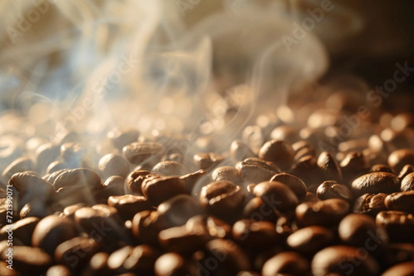 Fototapeta Close-up of steaming coffee beans with sunlight highlighting their texture
