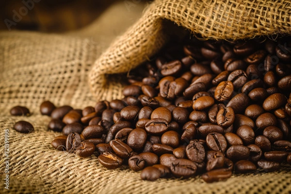 Fototapeta Rich dark coffee beans spilling from a rustic burlap sack