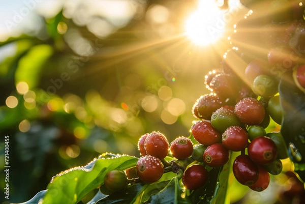Fototapeta Ripe red coffee berries on a branch with sunlight filtering through leaves