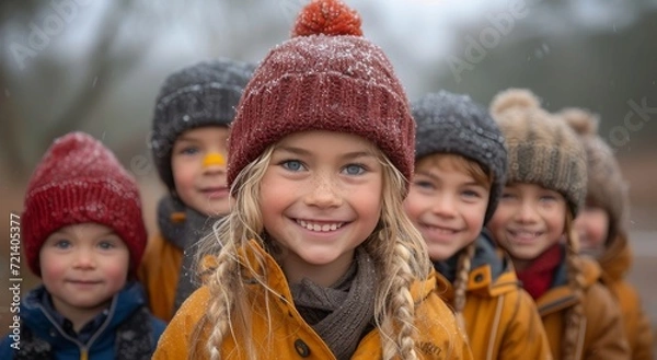 Fototapeta A joyful group of bundled up children with rosy cheeks and bright smiles, wearing cozy winter hats and jackets, playfully exploring the snowy outdoors