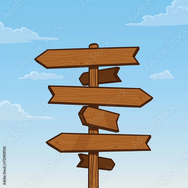 Fototapeta Wooden hiking trail signpost with blue sky and clouds with space for writing.