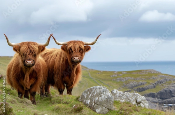 Obraz Two Highland Cattle on Coastal Cliff.
A pair of Highland cattle graze together on a coastal cliff with the ocean in the background.