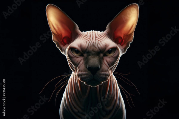Fototapeta angry sphinx cat isolated on solid black background. ai generative