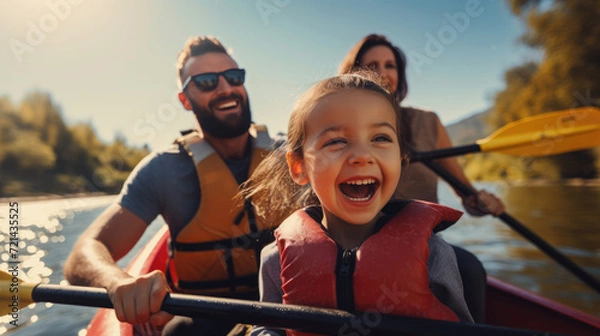 Fototapeta Family kayaking on a calm river,  sharing laughter and adventure