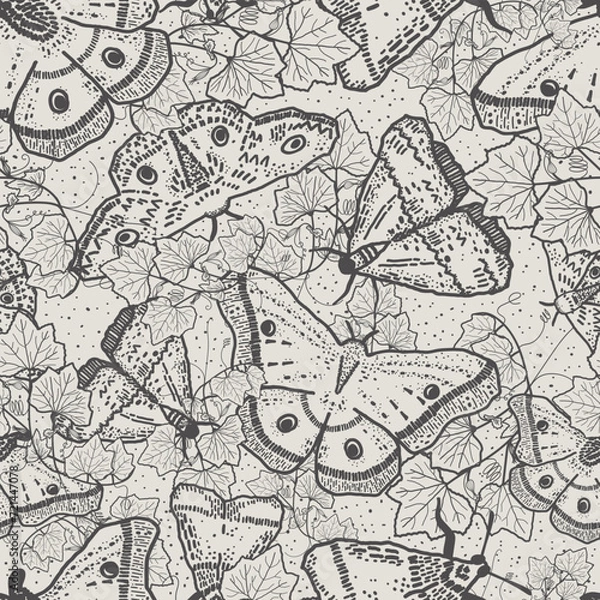 Fototapeta Black and white tattoo art of whimsical, flying moths or butterflies. Hand-drawn ink line bugs pattern in toile style. Monochrome insect illustration has a neutral, yet witchcraft and sorcery feel.