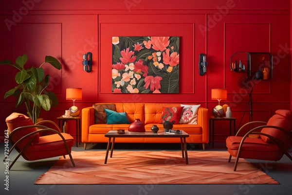 Fototapeta Vibrant living room with bold red walls eclectic furnish