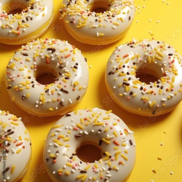 Fototapeta Tasty sweet donuts with sprinkles on a yellow background. Generative AI.