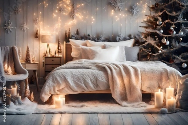 Fototapeta Cozy winter bedroom with glowing old fashioned bed, illuminated by beautifull colour, close up view.