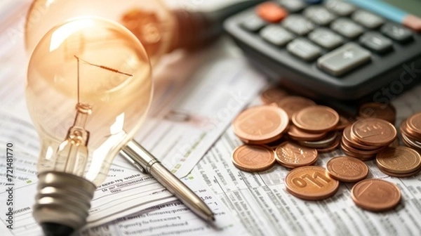 Fototapeta A light bulb, a pen, a calculator and some copper euro cent coins lie on top of an electricity bill