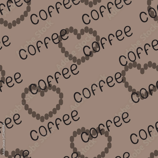 Fototapeta Seamless vector pattern. Coffee drawing with lettering and coffee beans on a beige background for printing and design