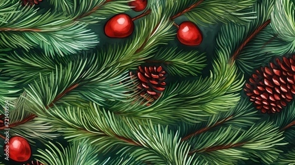 Fototapeta seamless background with coniferous branches pattern, coniferous, fir, 