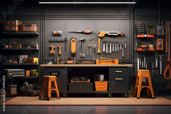 Fototapeta home garage workshop with a pegboard wall for organizing tool