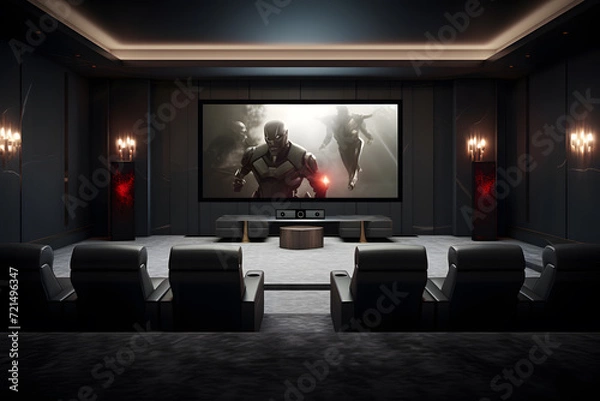 Fototapeta home cinema with sleek built-in wall speakers