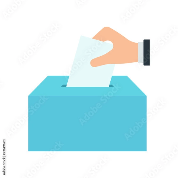 Fototapeta Hand voting ballot box icon. Hand putting paper in the ballot box. Voting concept. Vector illustration. Election and democracy campaign. Digital or online vote Sign