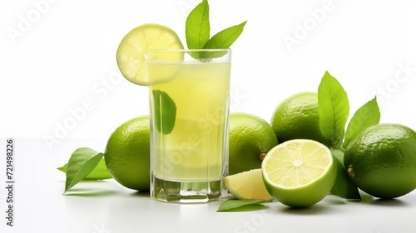 Fototapeta Fresh Lime fruit juice. A glass of Lime juice with Lime on the table. Minimalism. Food photography. Horizontal format