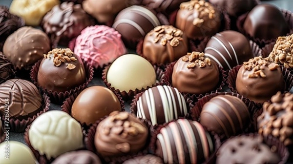 Fototapeta Assortment of delicious chocolate candies as background, closeup view