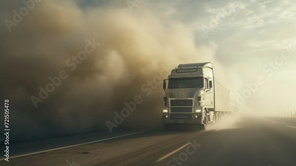 Fototapeta A semi truck driving down a road, kicking up a cloud of dust. Perfect for transportation and industrial concepts